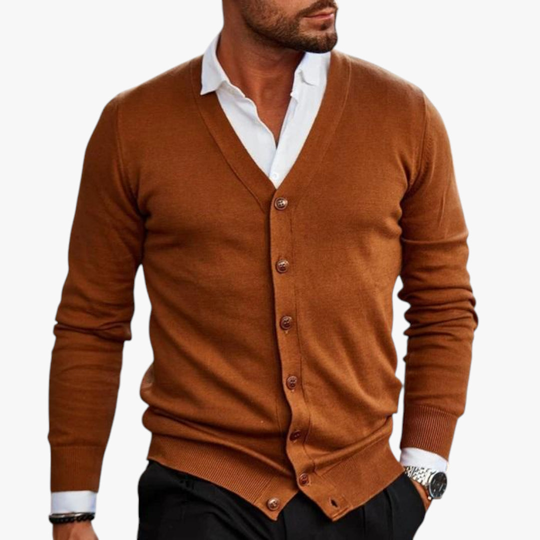 Miles & Luna Grey Button-Up V-Neck Knit Cardigan with Long Sleeves for Men