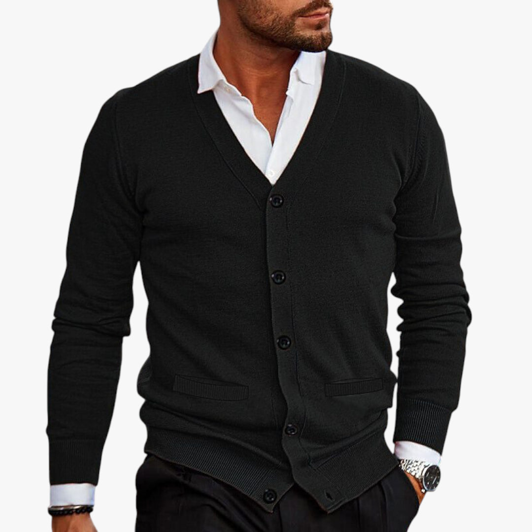 Miles & Luna Grey Button-Up V-Neck Knit Cardigan with Long Sleeves for Men
