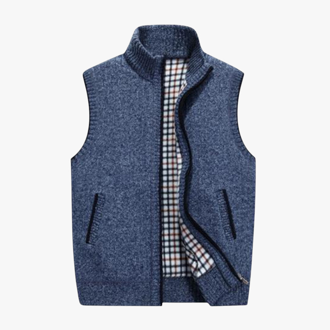 Miles & Luna Knit Zip Vest with Checkered Lining and Ribbed Hem for Men