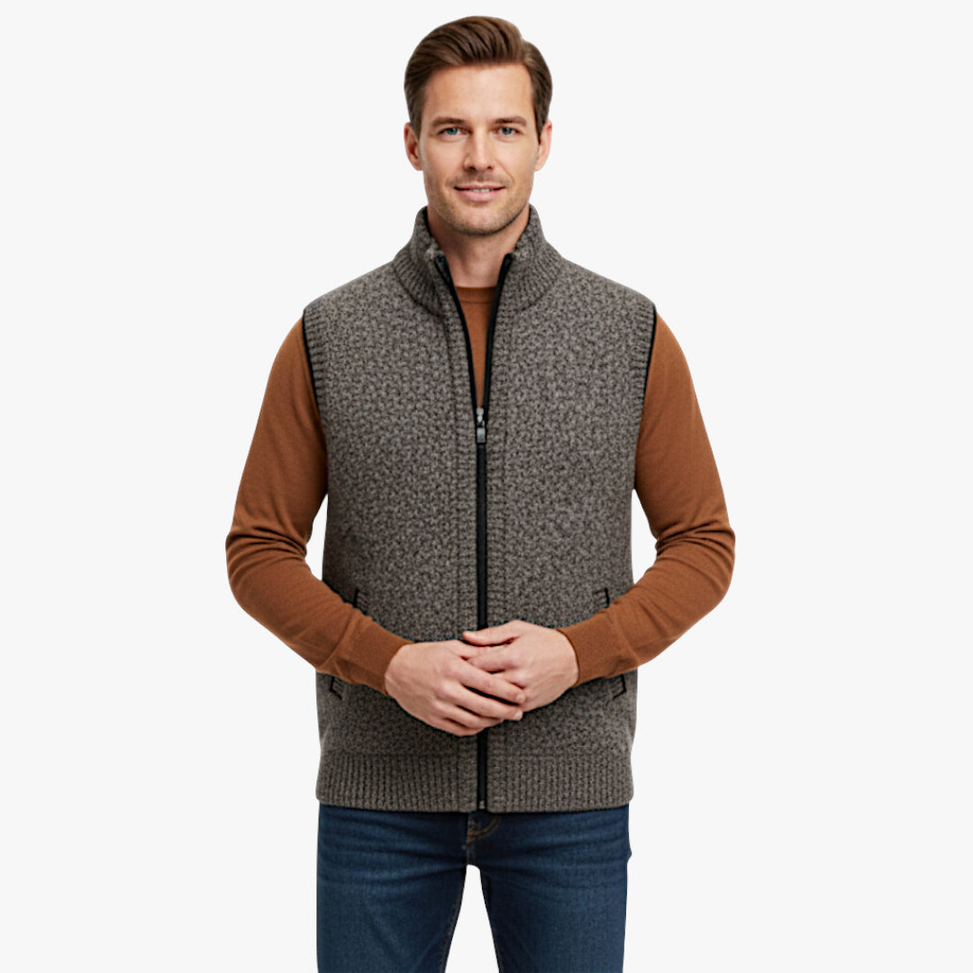 Miles & Luna Knit Zip Vest with Checkered Lining and Ribbed Hem for Men