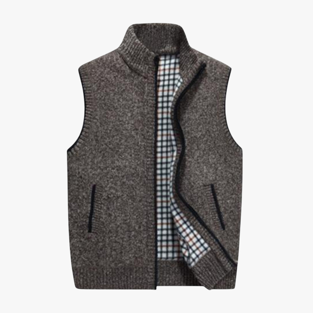 Miles & Luna Knit Zip Vest with Checkered Lining and Ribbed Hem for Men