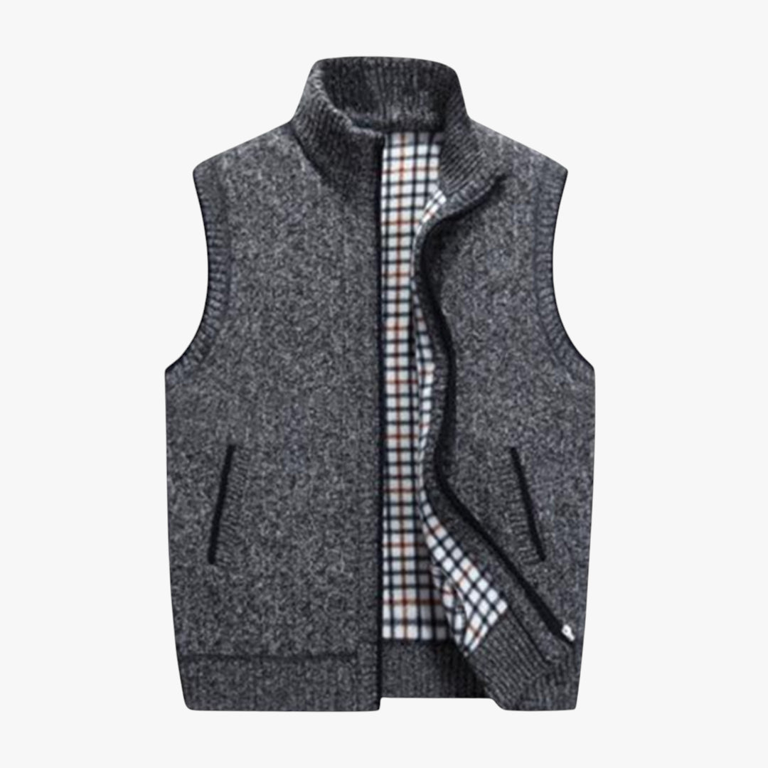 Miles & Luna Knit Zip Vest with Checkered Lining and Ribbed Hem for Men
