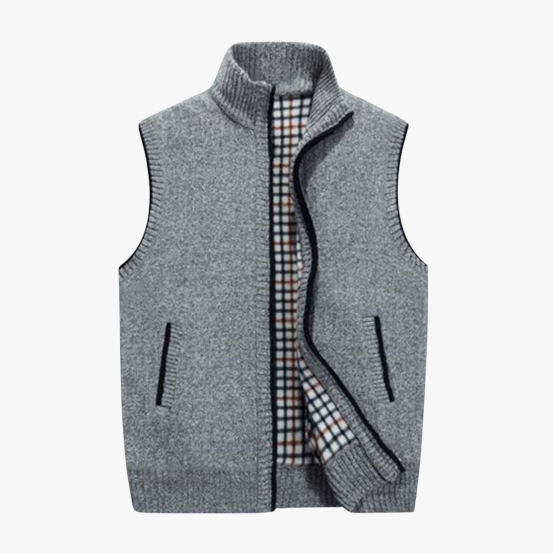 Miles & Luna Knit Zip Vest with Checkered Lining and Ribbed Hem for Men