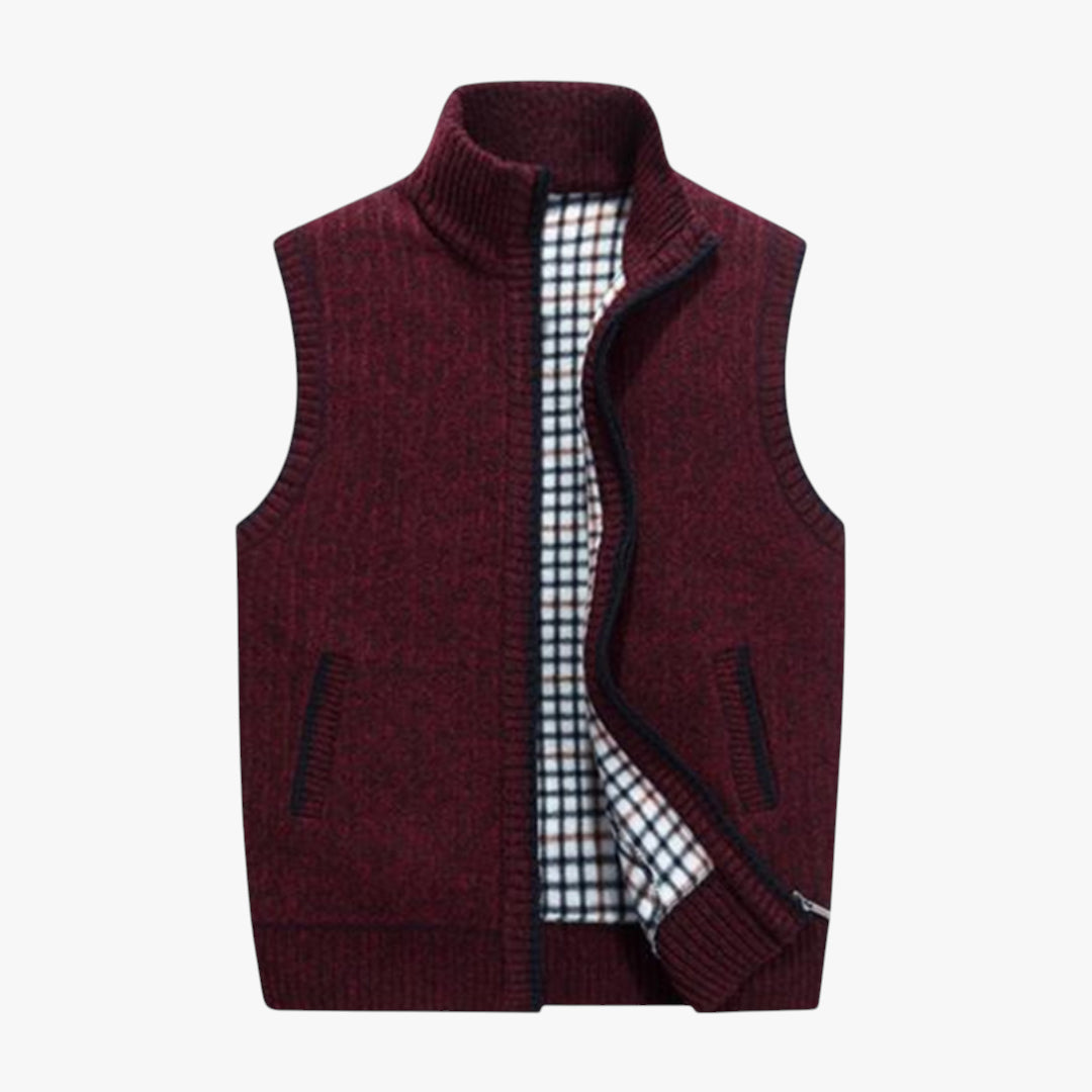 Miles & Luna Knit Zip Vest with Checkered Lining and Ribbed Hem for Men