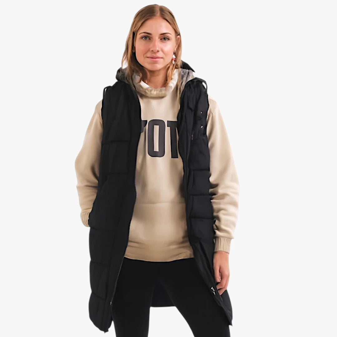 Miles & Luna Longline Padded Sleeveless Hooded Puffer Gilet with Side Zip Detail for Women