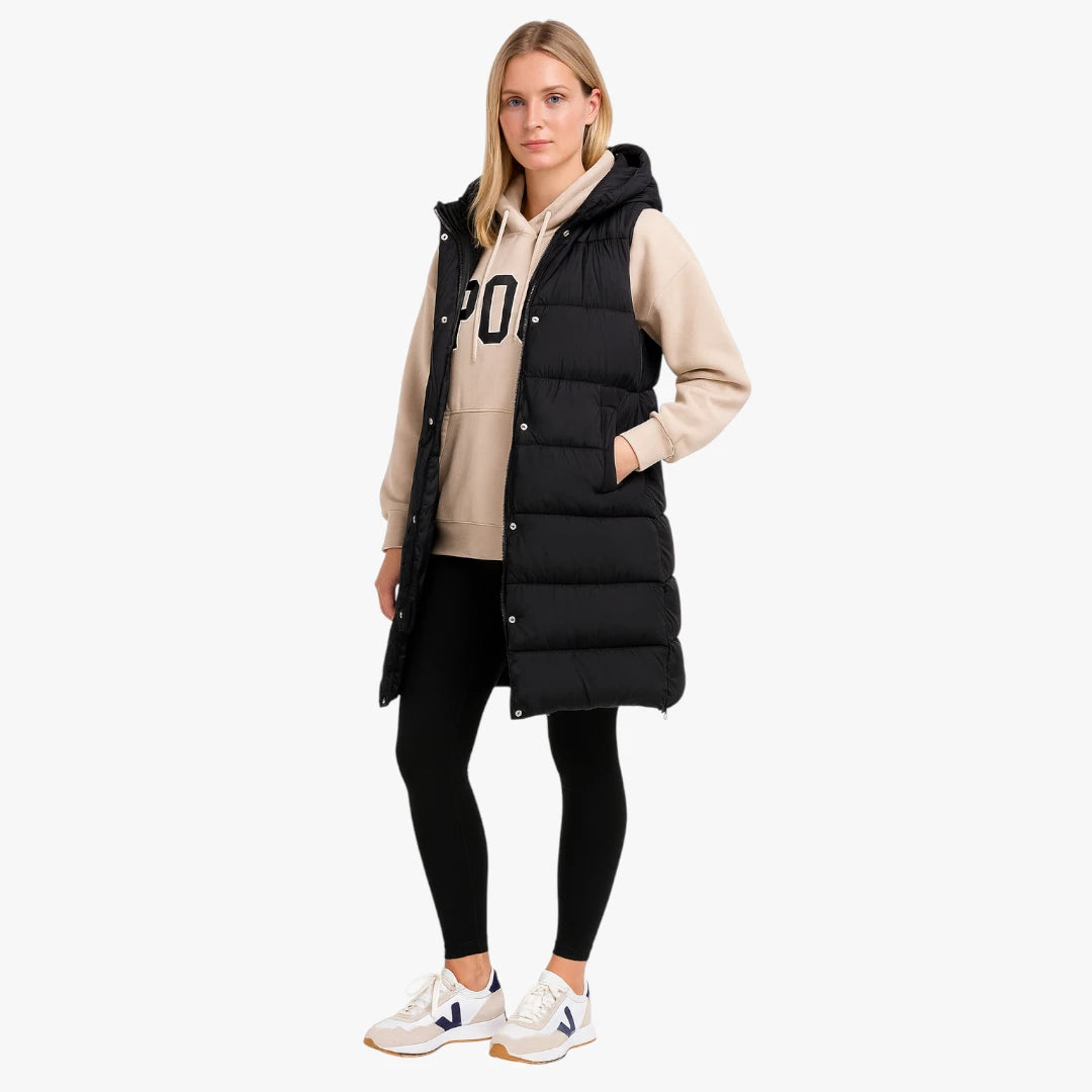 Miles & Luna Longline Padded Sleeveless Hooded Puffer Gilet with Side Zip Detail for Women