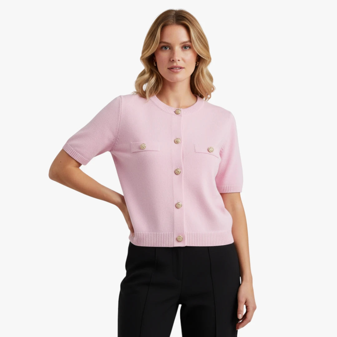 Miles & Luna Short Sleeve Knitted Cardigan with Gold Button Detail Cropped Fit for Women