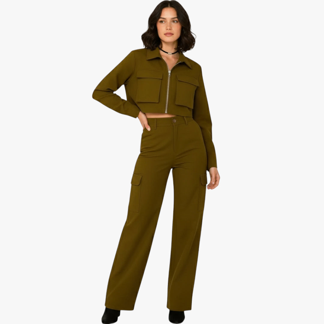 Olivia | Two Piece Cargo Set with Cropped Zip Jacket and High Waist Pants for Women