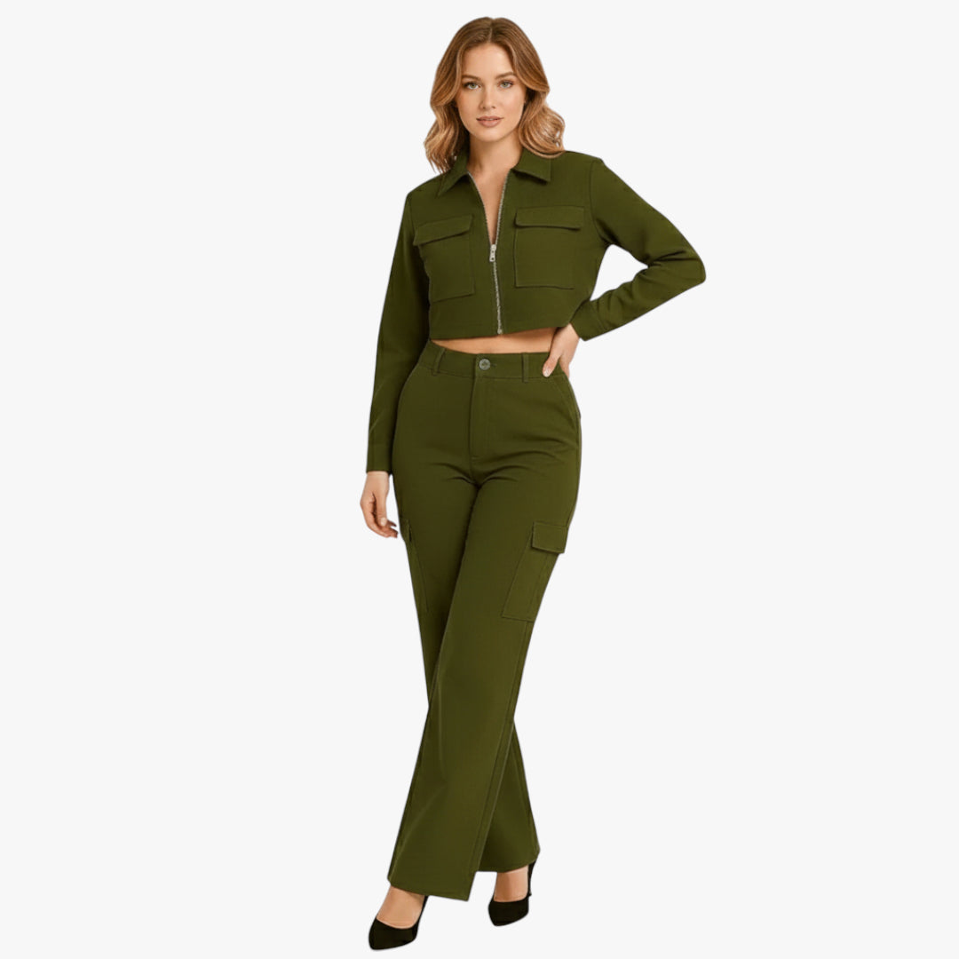 Olivia | Two Piece Cargo Set with Cropped Zip Jacket and High Waist Pants for Women