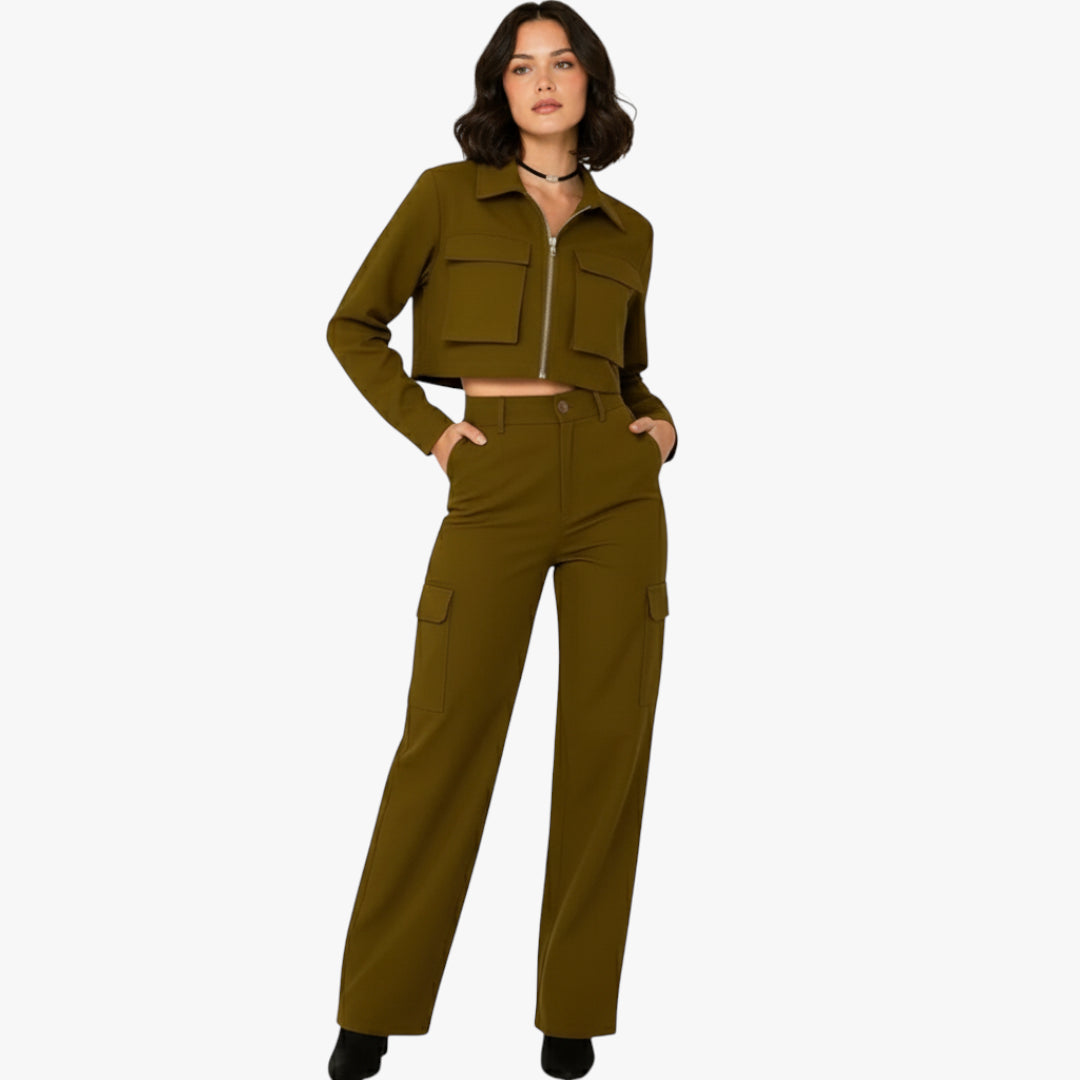 Olivia | Two Piece Cargo Set with Cropped Zip Jacket and High Waist Pants for Women