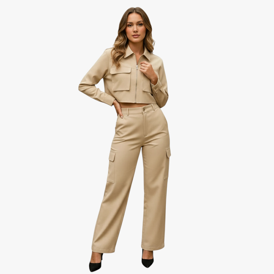 Olivia | Two Piece Cargo Set with Cropped Zip Jacket and High Waist Pants for Women