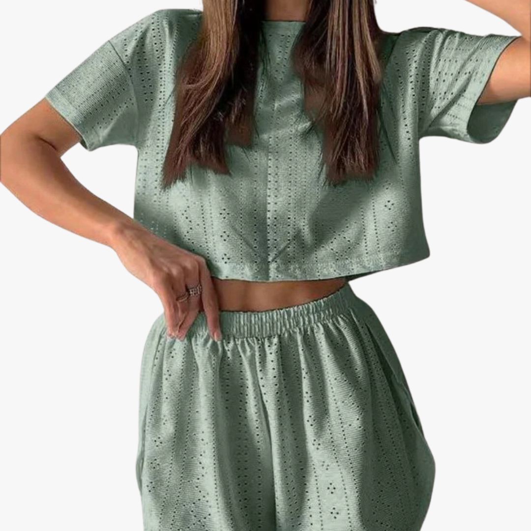 Miles & Luna 2-Piece Set Breathable Cotton Blend Crop Top & Shorts Relaxed Fit for Women