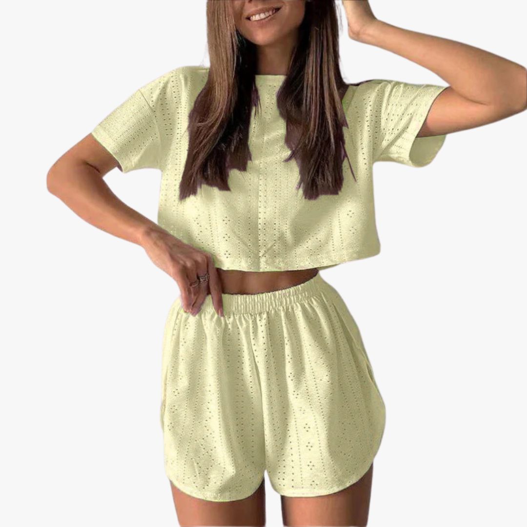 Miles & Luna 2-Piece Set Breathable Cotton Blend Crop Top & Shorts Relaxed Fit for Women