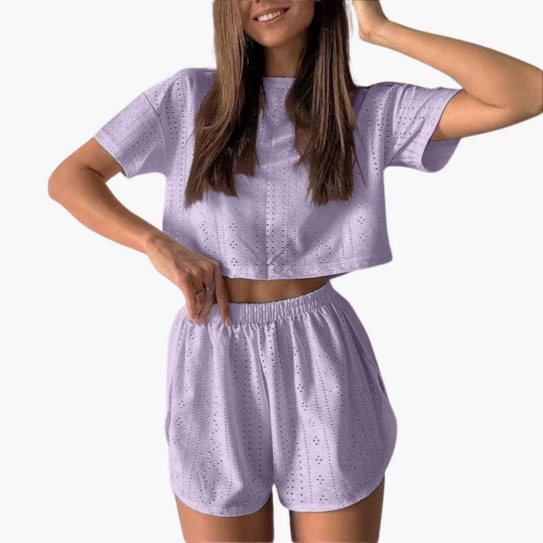 Miles & Luna 2-Piece Set Breathable Cotton Blend Crop Top & Shorts Relaxed Fit for Women