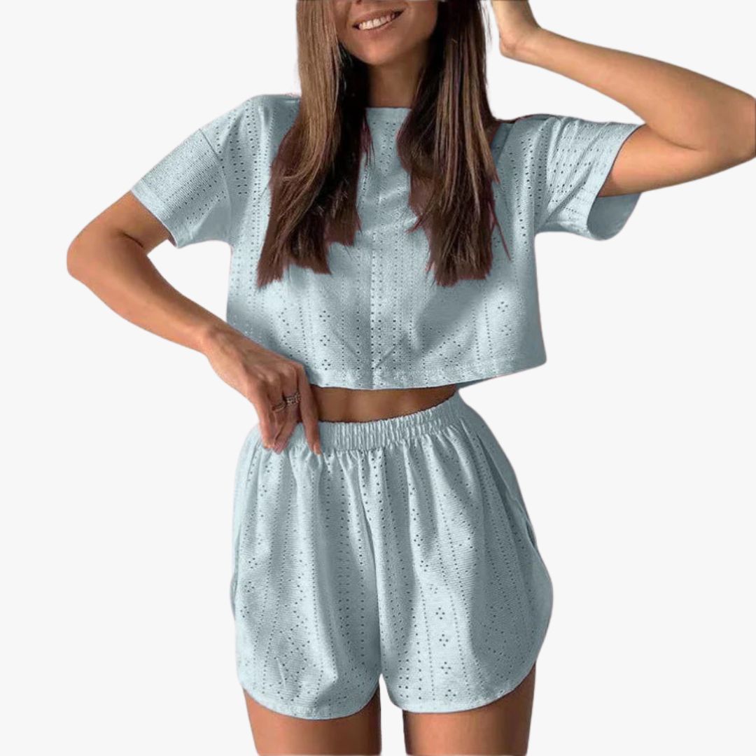 Miles & Luna 2-Piece Set Breathable Cotton Blend Crop Top & Shorts Relaxed Fit for Women