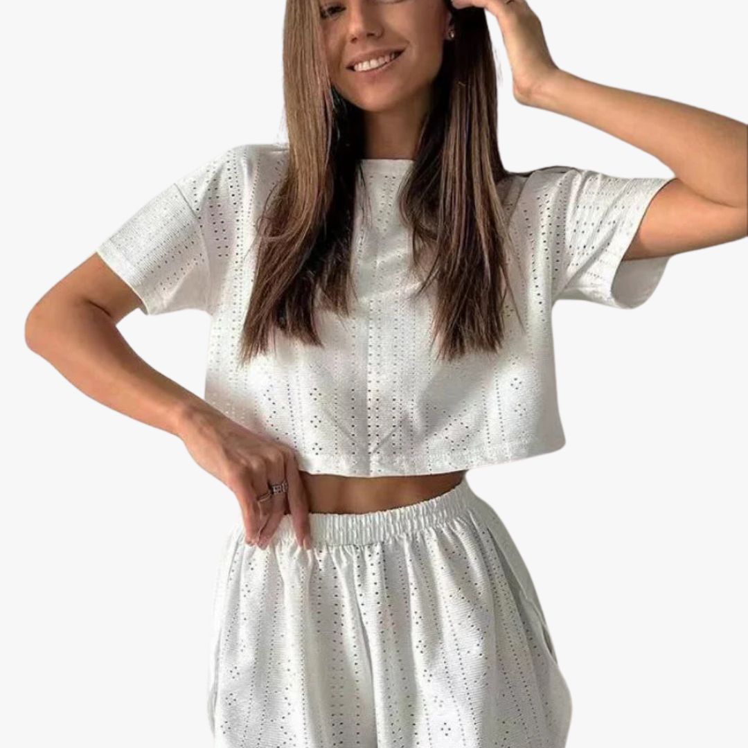 Miles & Luna 2-Piece Set Breathable Cotton Blend Crop Top & Shorts Relaxed Fit for Women