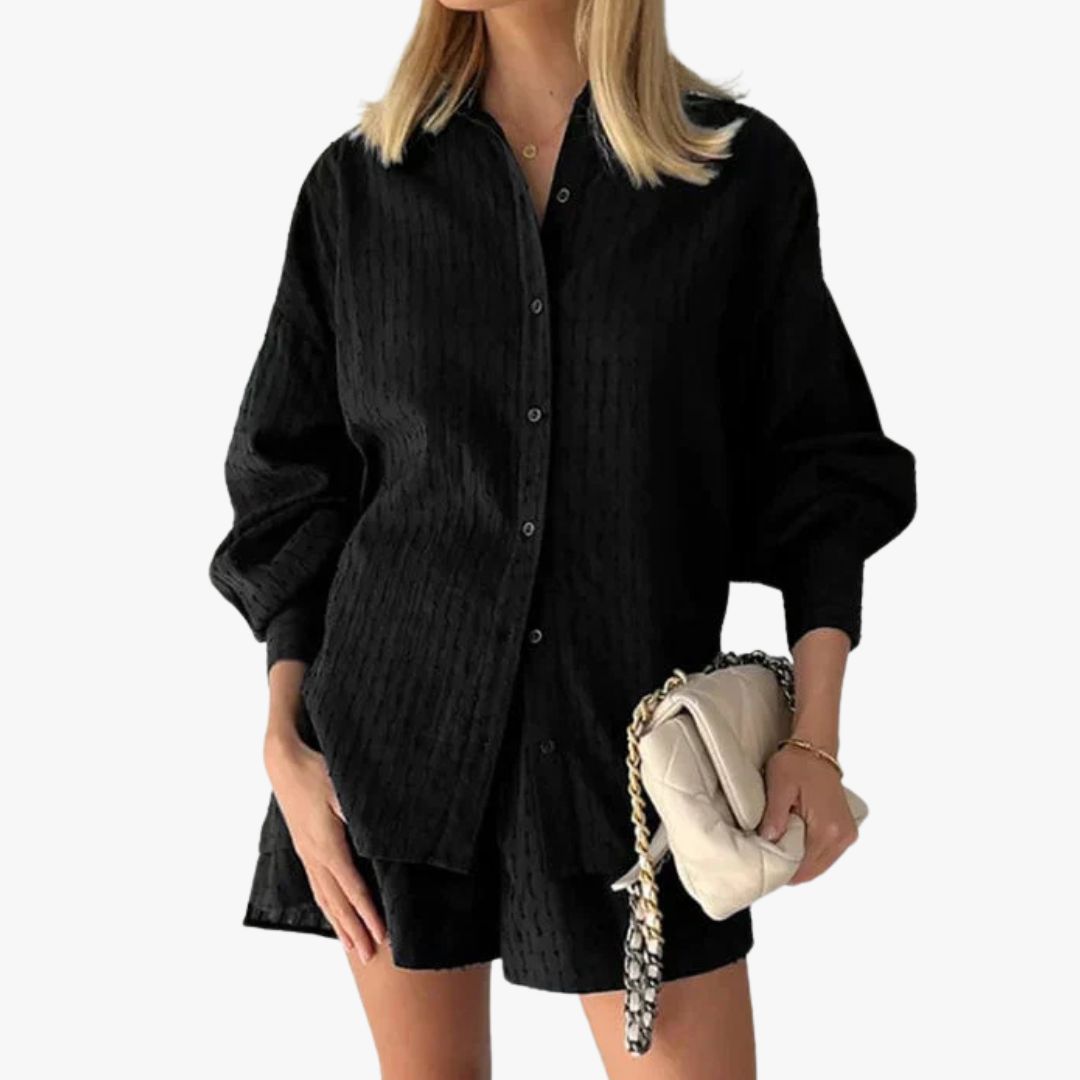 Miles & Luna 2-Piece Set Button-Up Shirt & High-Waisted Shorts Relaxed Fit Breathable Fabric for Women