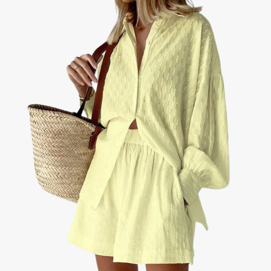 Miles & Luna 2-Piece Set Button-Up Shirt & High-Waisted Shorts Relaxed Fit Breathable Fabric for Women