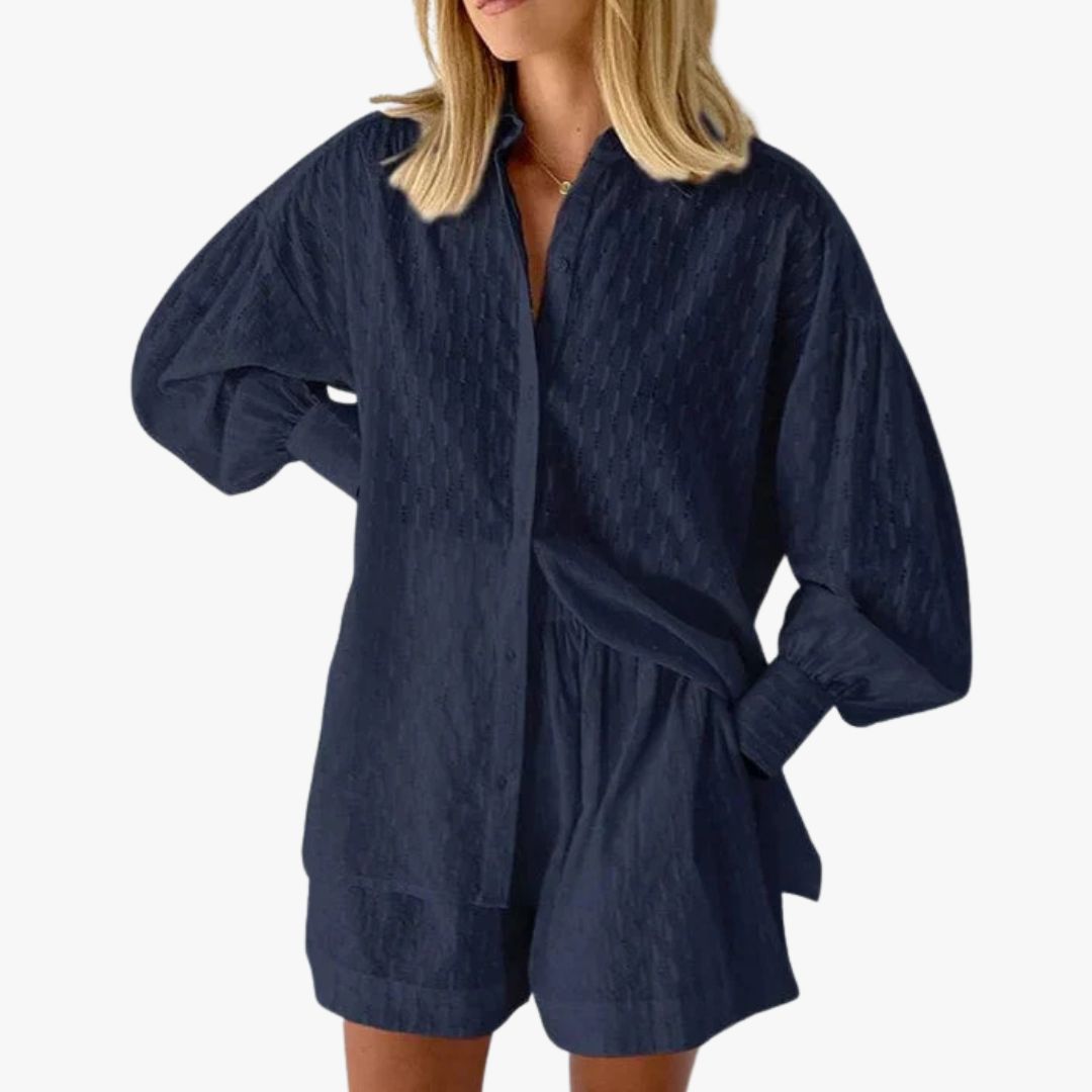 Miles & Luna 2-Piece Set Button-Up Shirt & High-Waisted Shorts Relaxed Fit Breathable Fabric for Women