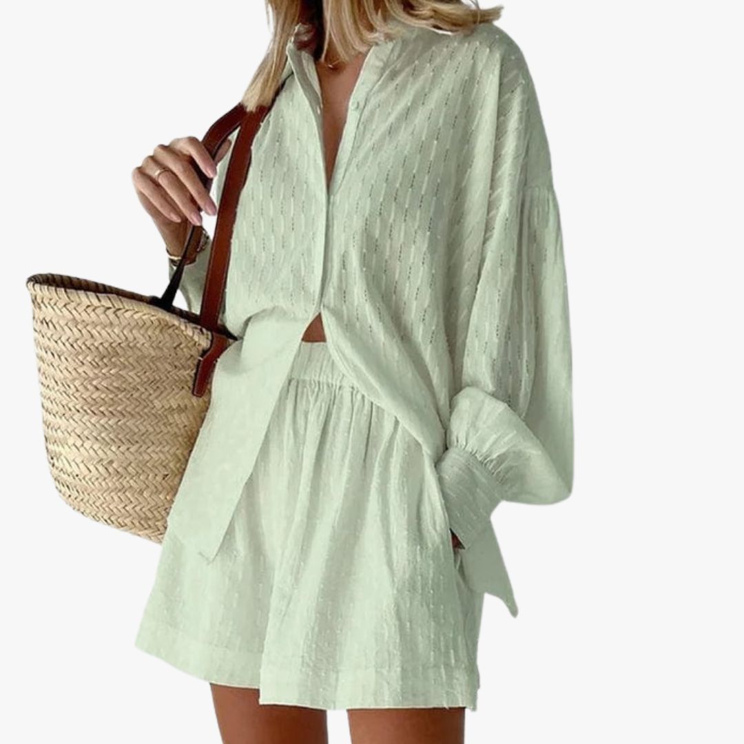 Miles & Luna 2-Piece Set Button-Up Shirt & High-Waisted Shorts Relaxed Fit Breathable Fabric for Women