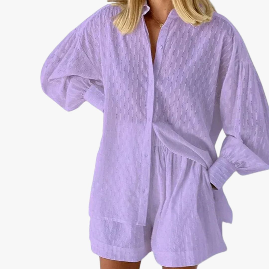 Miles & Luna 2-Piece Set Button-Up Shirt & High-Waisted Shorts Relaxed Fit Breathable Fabric for Women