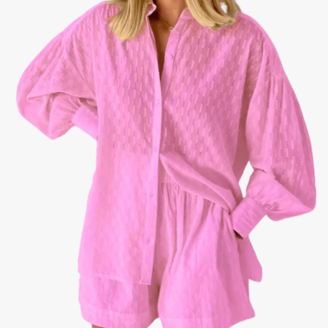 Miles & Luna 2-Piece Set Button-Up Shirt & High-Waisted Shorts Relaxed Fit Breathable Fabric for Women