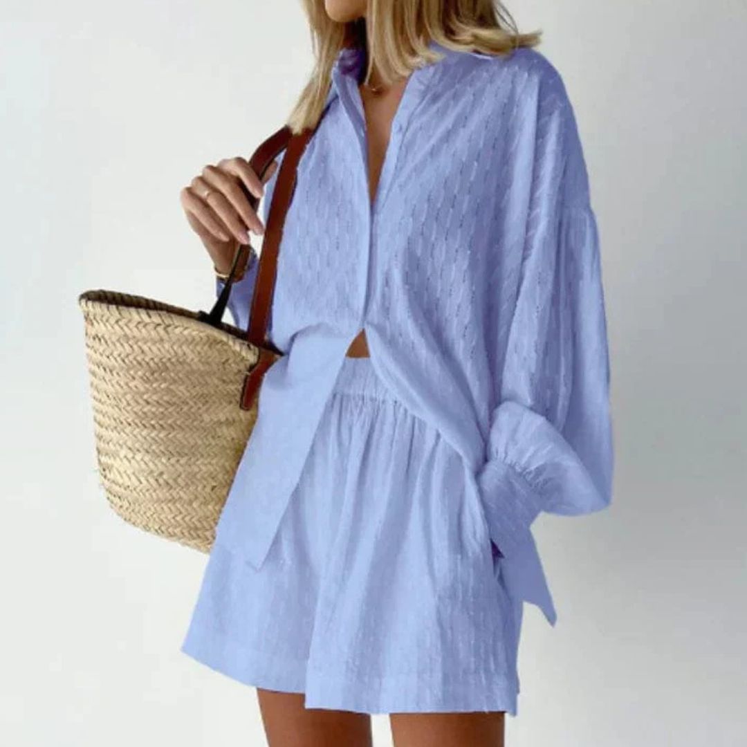 Miles & Luna 2-Piece Set Button-Up Shirt & High-Waisted Shorts Relaxed Fit Breathable Fabric for Women