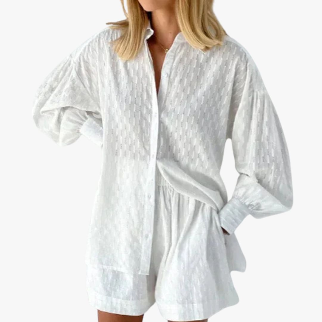 Miles & Luna 2-Piece Set Button-Up Shirt & High-Waisted Shorts Relaxed Fit Breathable Fabric for Women