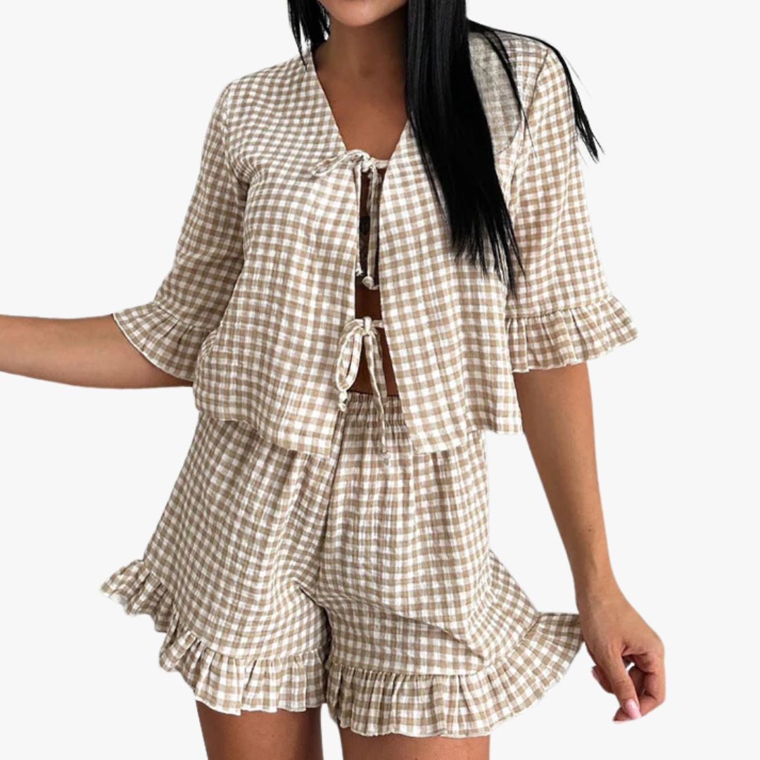 Miles & Luna 2-Piece Set Cotton Blend Loose Fit Check Print Tie Front & Ruffle Trim for Women