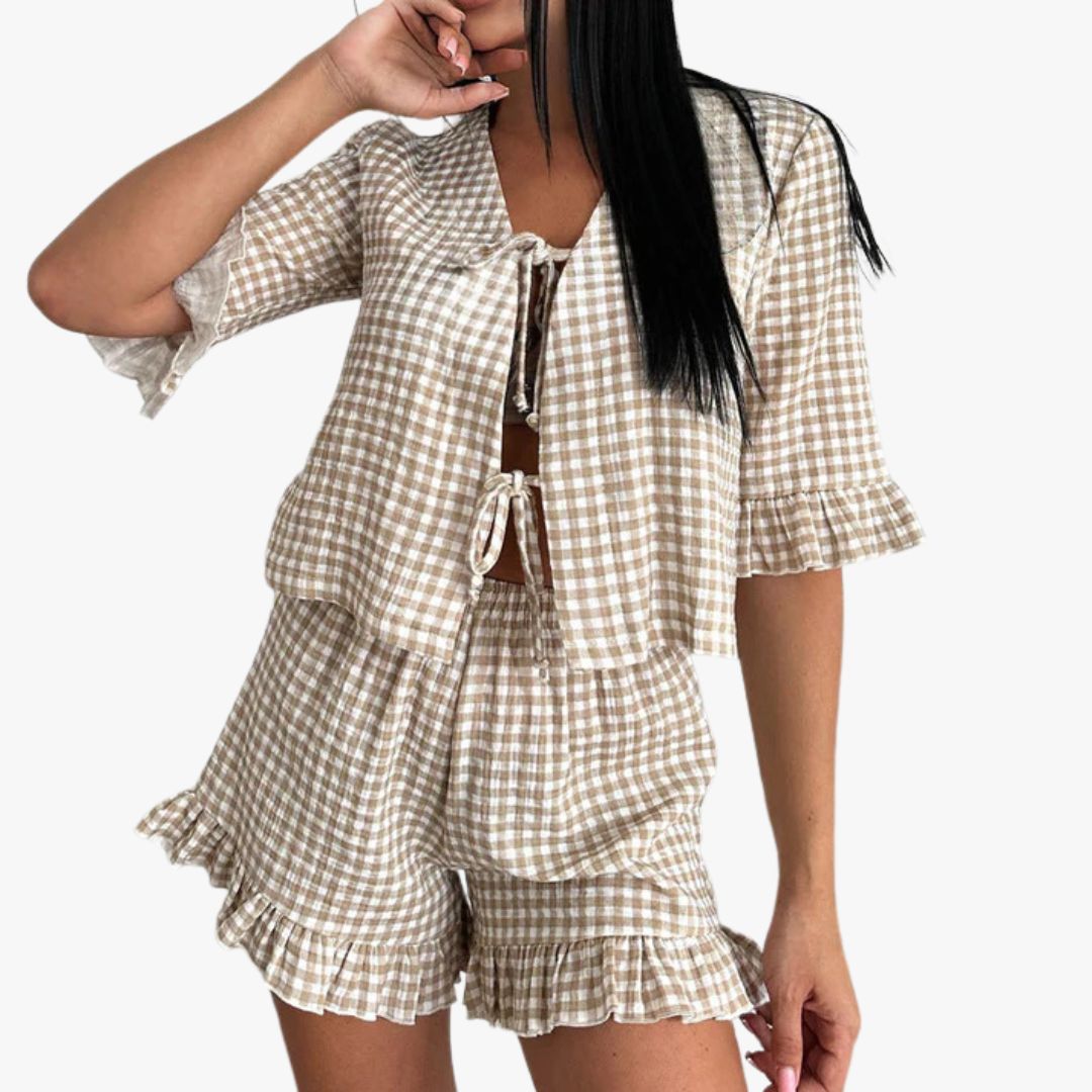 Miles & Luna 2-Piece Set Cotton Blend Loose Fit Check Print Tie Front & Ruffle Trim for Women