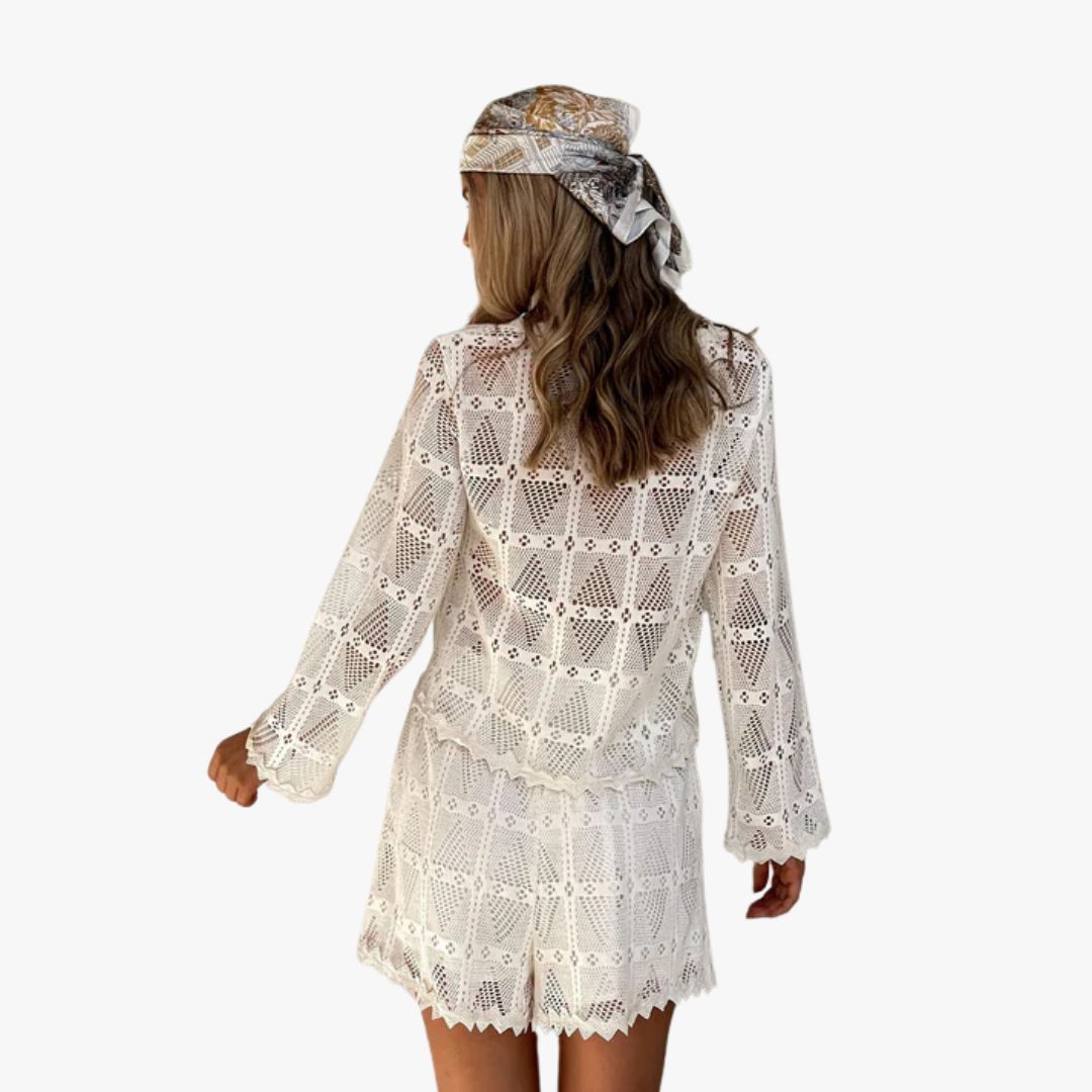 Miles & Luna 2-Piece Set Knit Cardigan and Shorts Set Relaxed Fit Open Weave Tie Front Elastic Waist for Women
