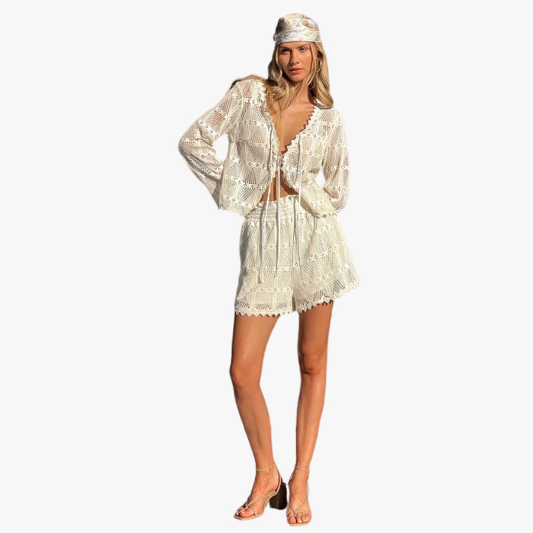 Miles & Luna 2-Piece Set Knit Cardigan and Shorts Set Relaxed Fit Open Weave Tie Front Elastic Waist for Women