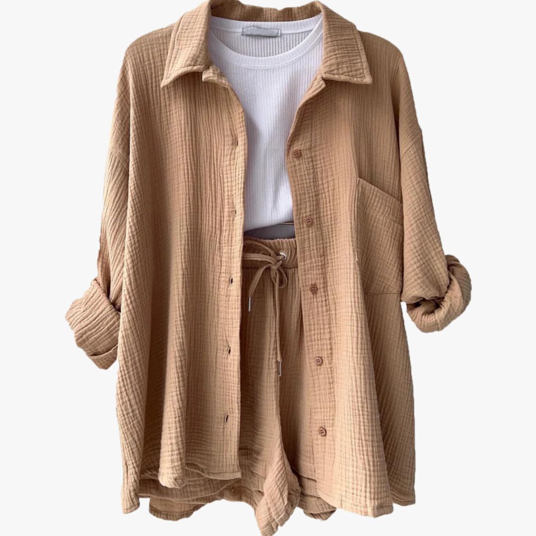 Miles & Luna 2-Piece Set Oversized Button-Up Shirt & Drawstring Shorts for Women