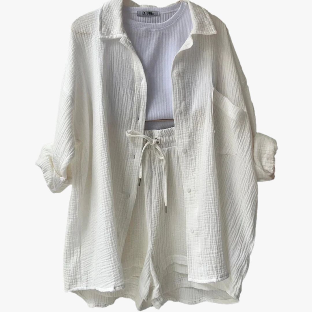 Miles & Luna 2-Piece Set Oversized Button-Up Shirt & Drawstring Shorts for Women