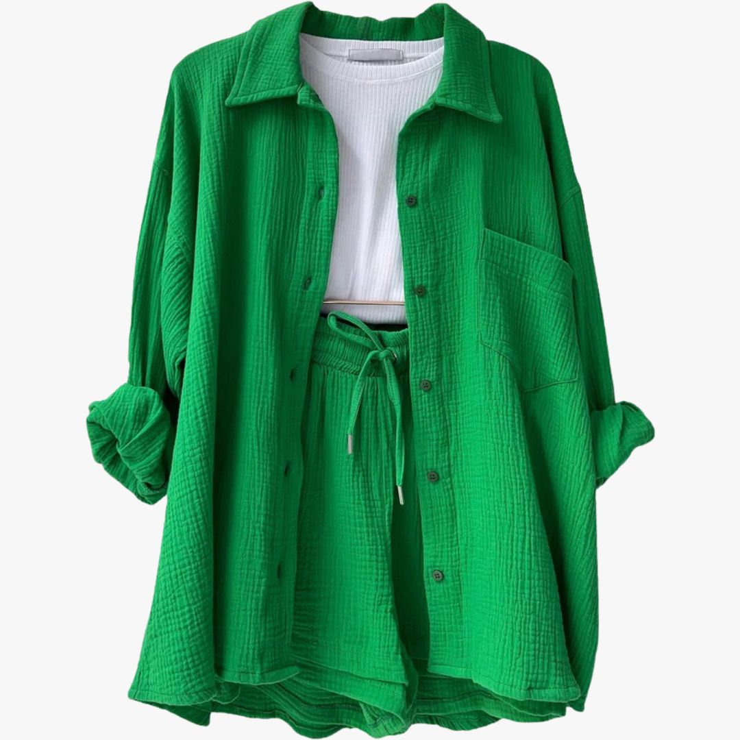 Miles & Luna 2-Piece Set Oversized Button-Up Shirt & Drawstring Shorts for Women