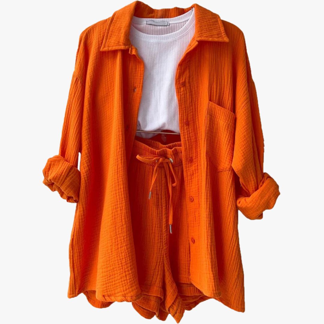 Miles & Luna 2-Piece Set Oversized Button-Up Shirt & Drawstring Shorts for Women