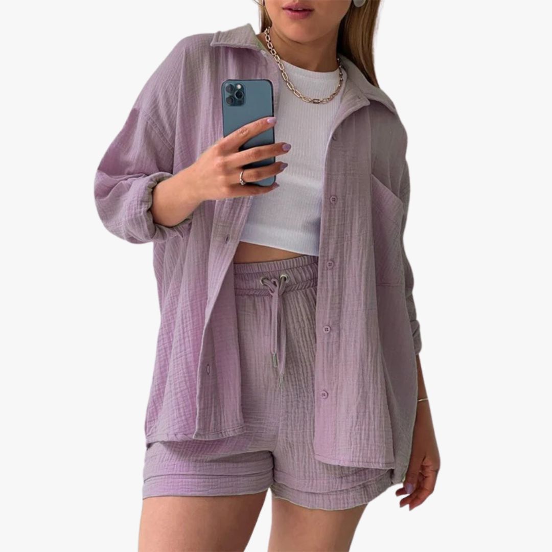 Miles & Luna 2-Piece Set Oversized Button-Up Shirt & Drawstring Shorts for Women