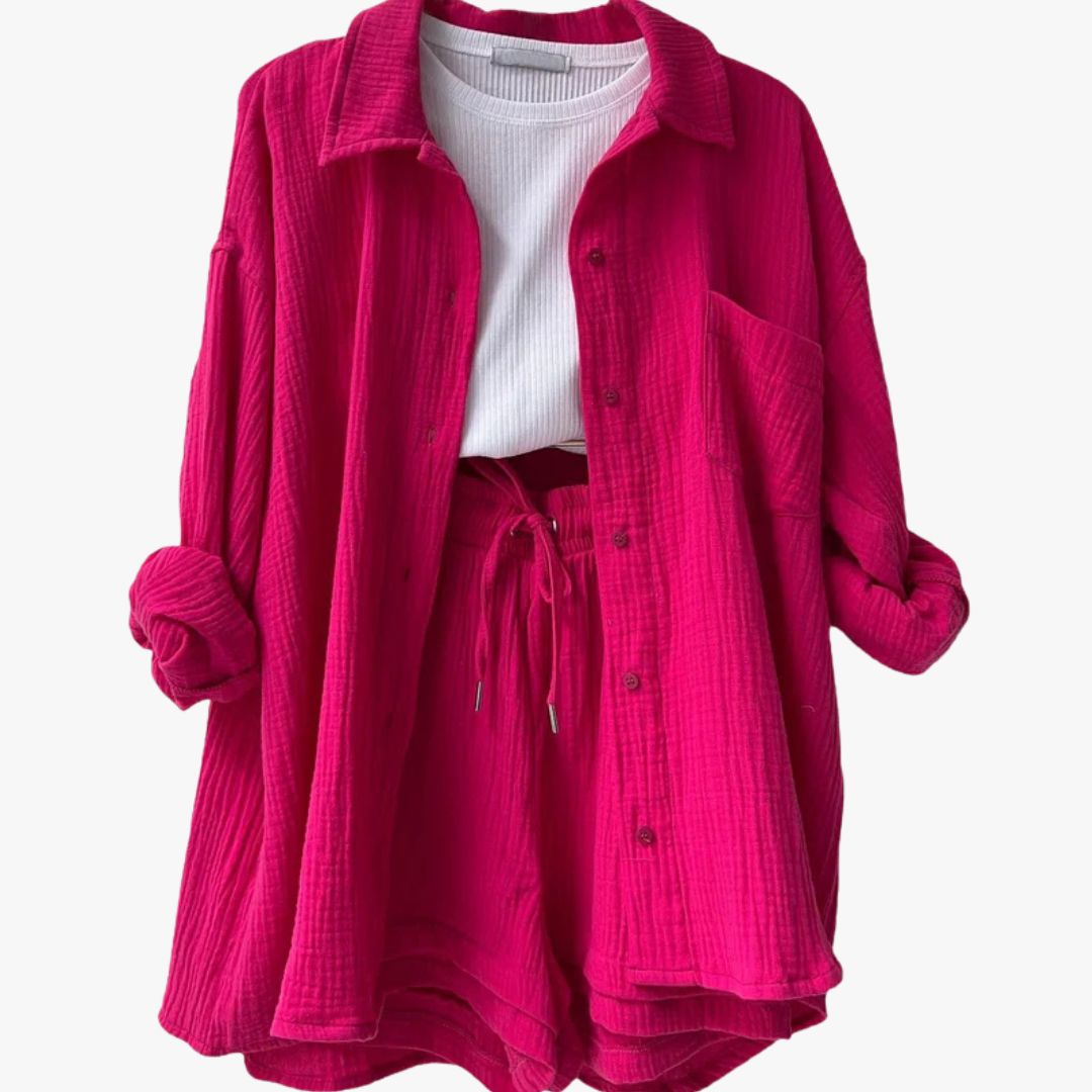 Miles & Luna 2-Piece Set Oversized Button-Up Shirt & Drawstring Shorts for Women
