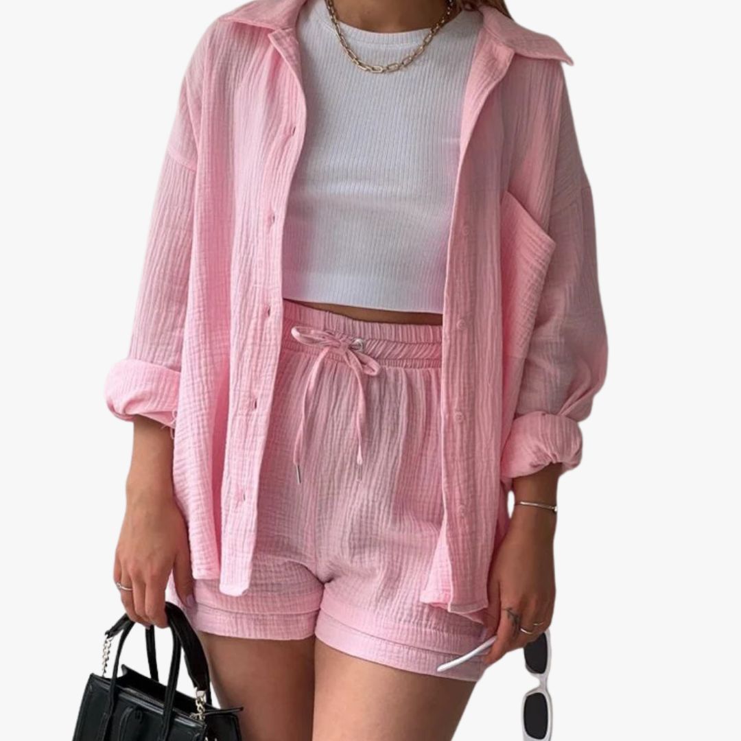 Miles & Luna 2-Piece Set Oversized Button-Up Shirt & Drawstring Shorts for Women