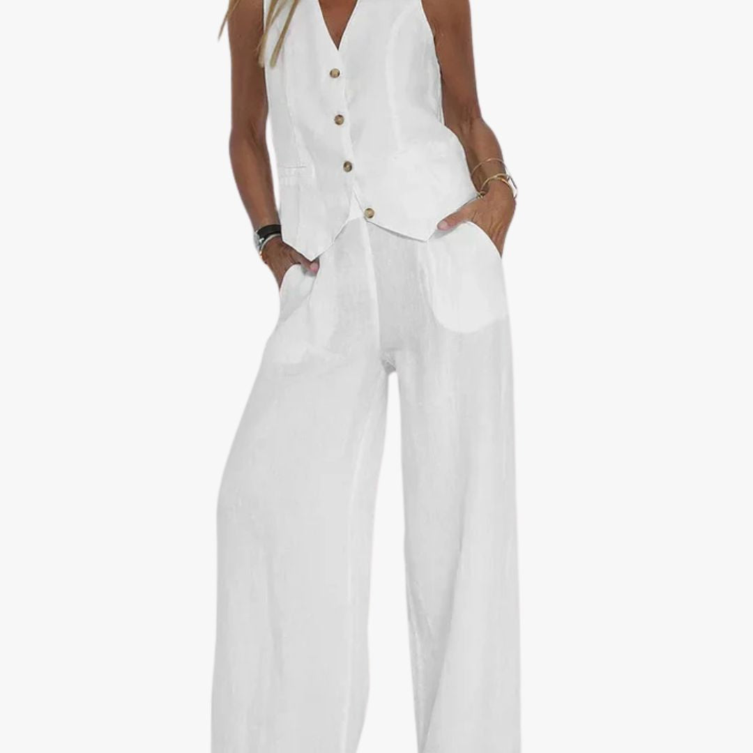 Miles & Luna 2-Piece Set Tailored Vest Lightweight Linen Fitted Buttoned Front Versatile Formal & Casual for Women