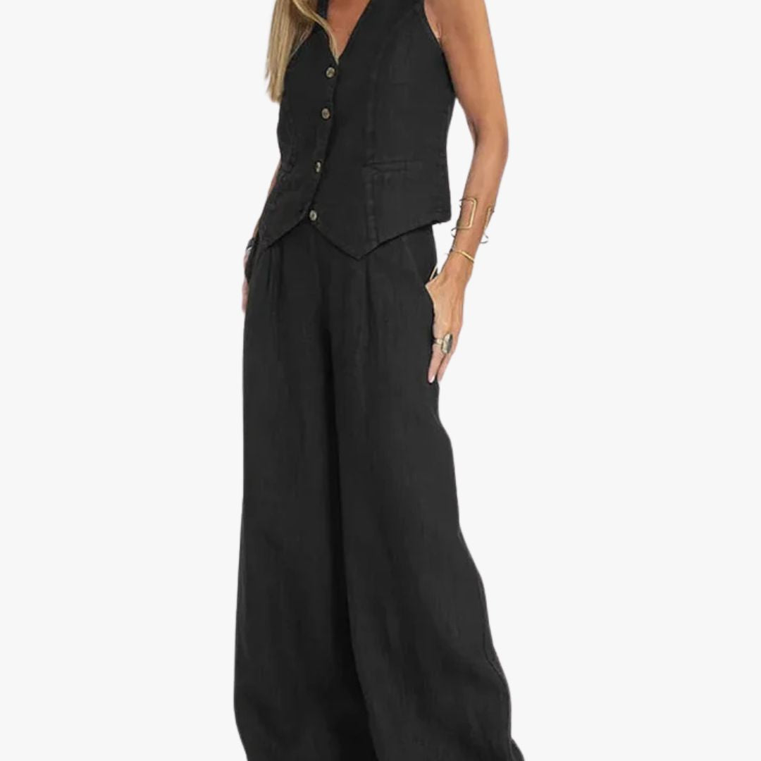 Miles & Luna 2-Piece Set Tailored Vest Lightweight Linen Fitted Buttoned Front Versatile Formal & Casual for Women