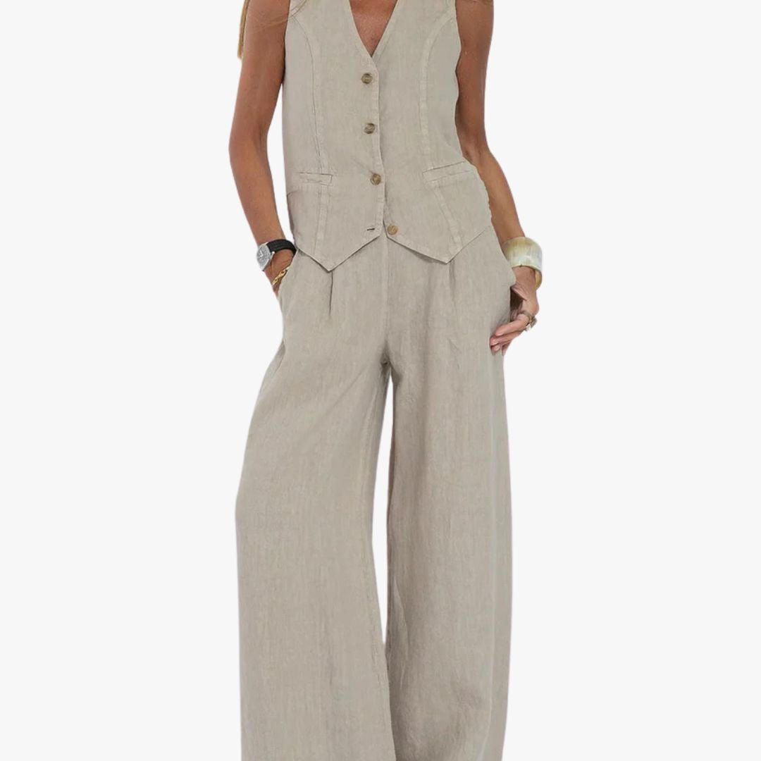 Miles & Luna 2-Piece Set Tailored Vest Lightweight Linen Fitted Buttoned Front Versatile Formal & Casual for Women