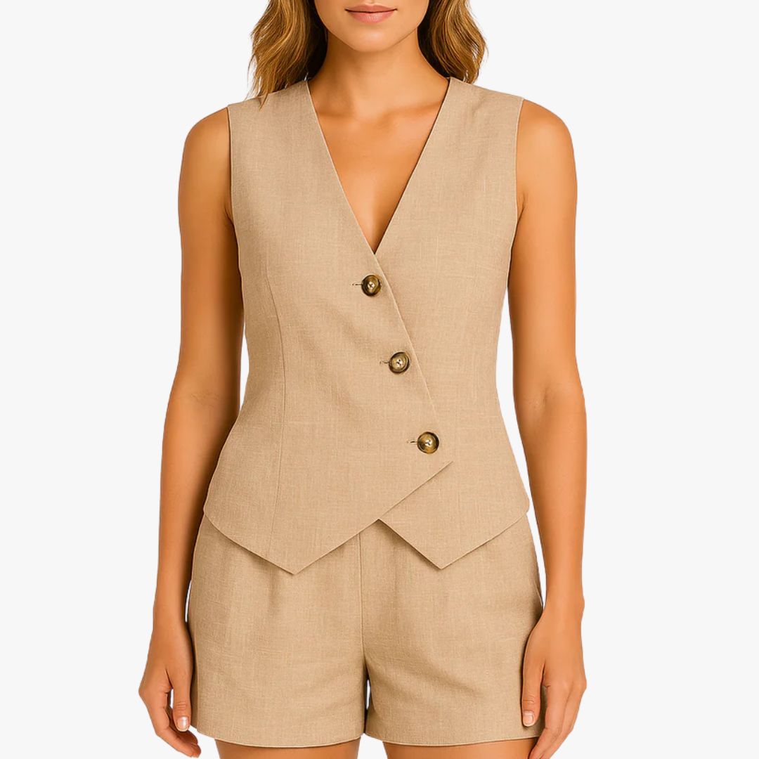 Miles & Luna 2-Piece Set Tailored Vest Linen Blend Sleeveless Button Front Streamlined Fit for Women