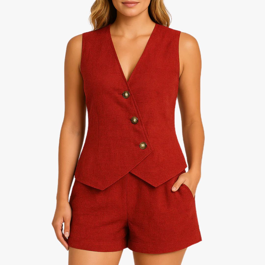 Miles & Luna 2-Piece Set Tailored Vest Linen Blend Sleeveless Button Front Streamlined Fit for Women
