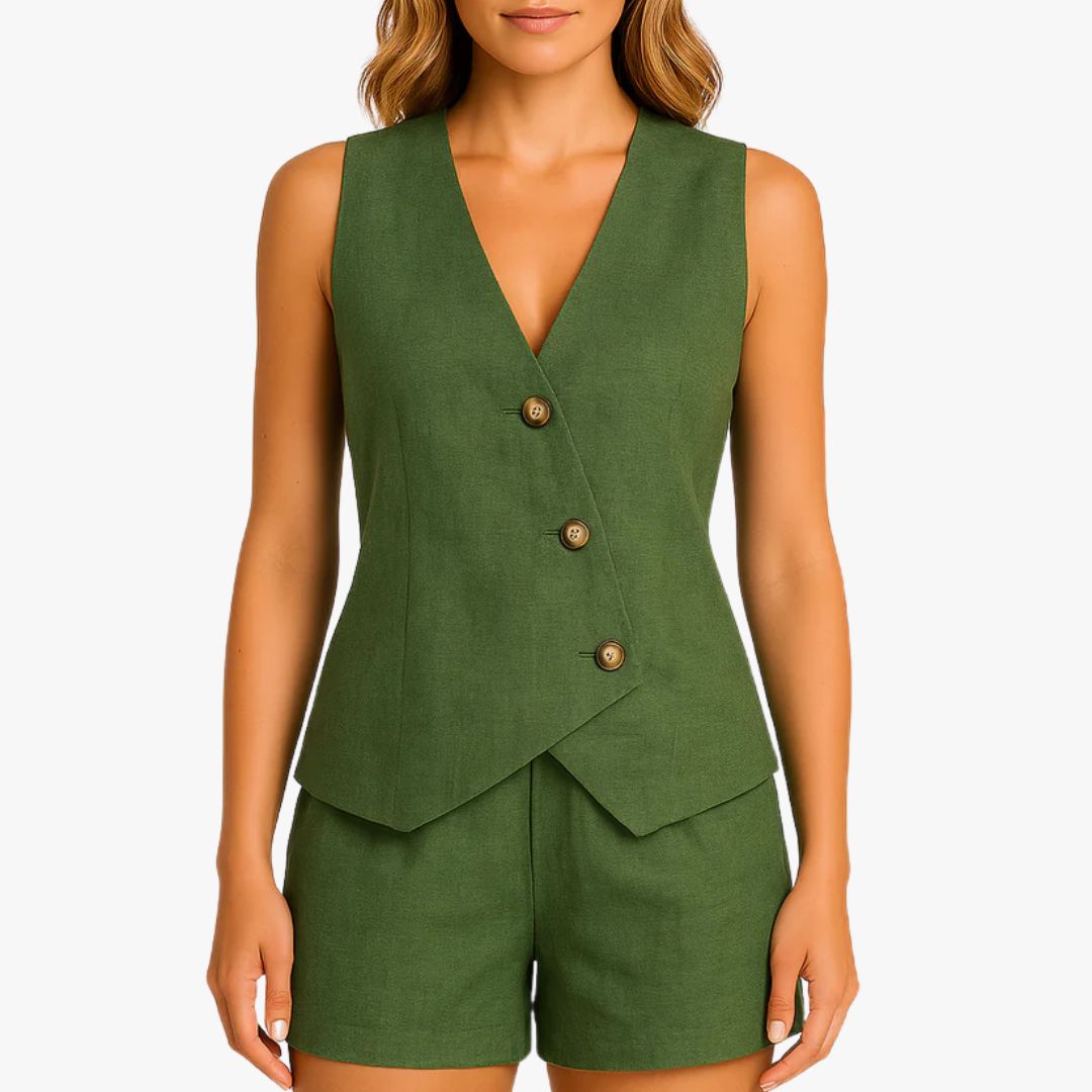 Miles & Luna 2-Piece Set Tailored Vest Linen Blend Sleeveless Button Front Streamlined Fit for Women