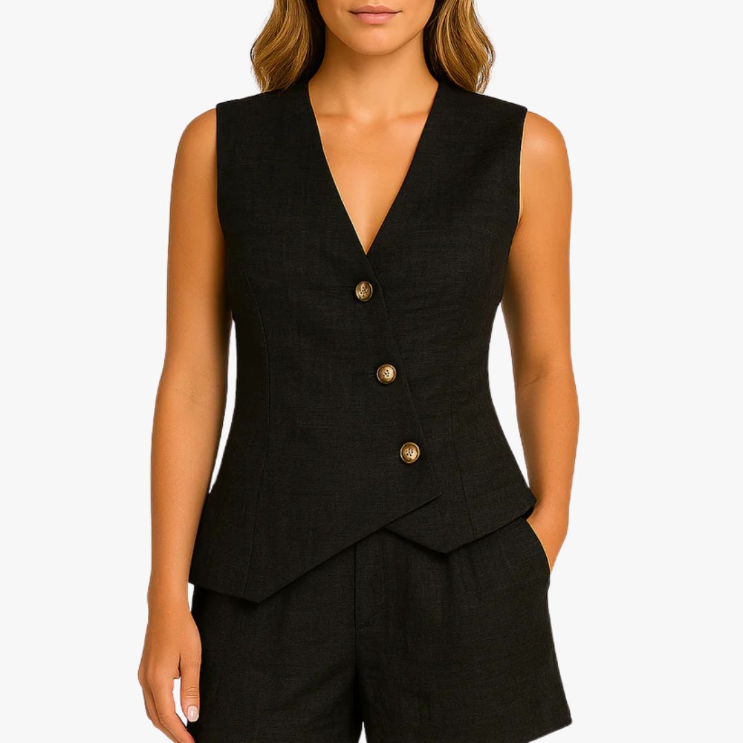 Miles & Luna 2-Piece Set Tailored Vest Linen Blend Sleeveless Button Front Streamlined Fit for Women