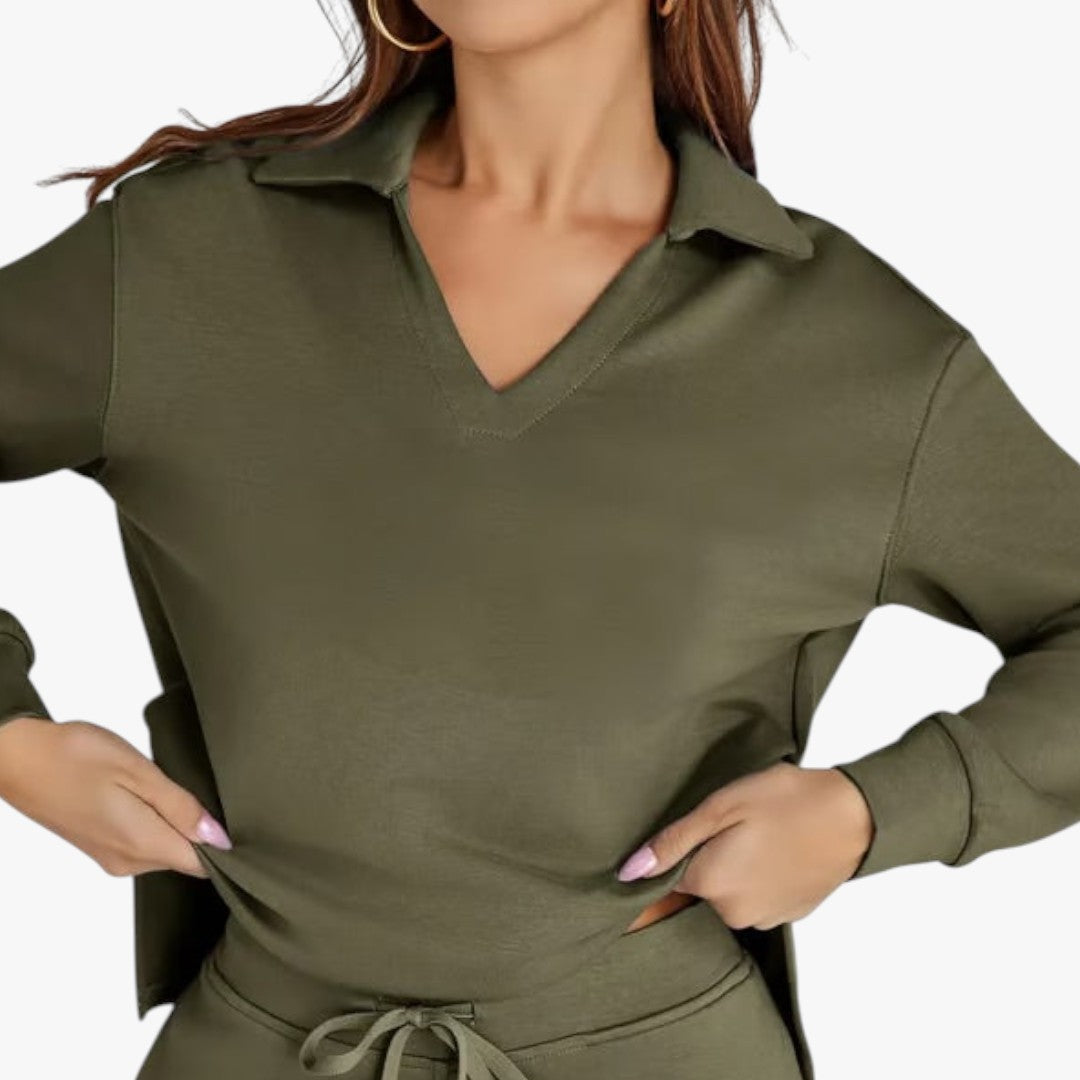Miles & Luna 2-Piece Set V-Neck Sweatshirt and Elastic Waist Wide-Leg Trousers for Women