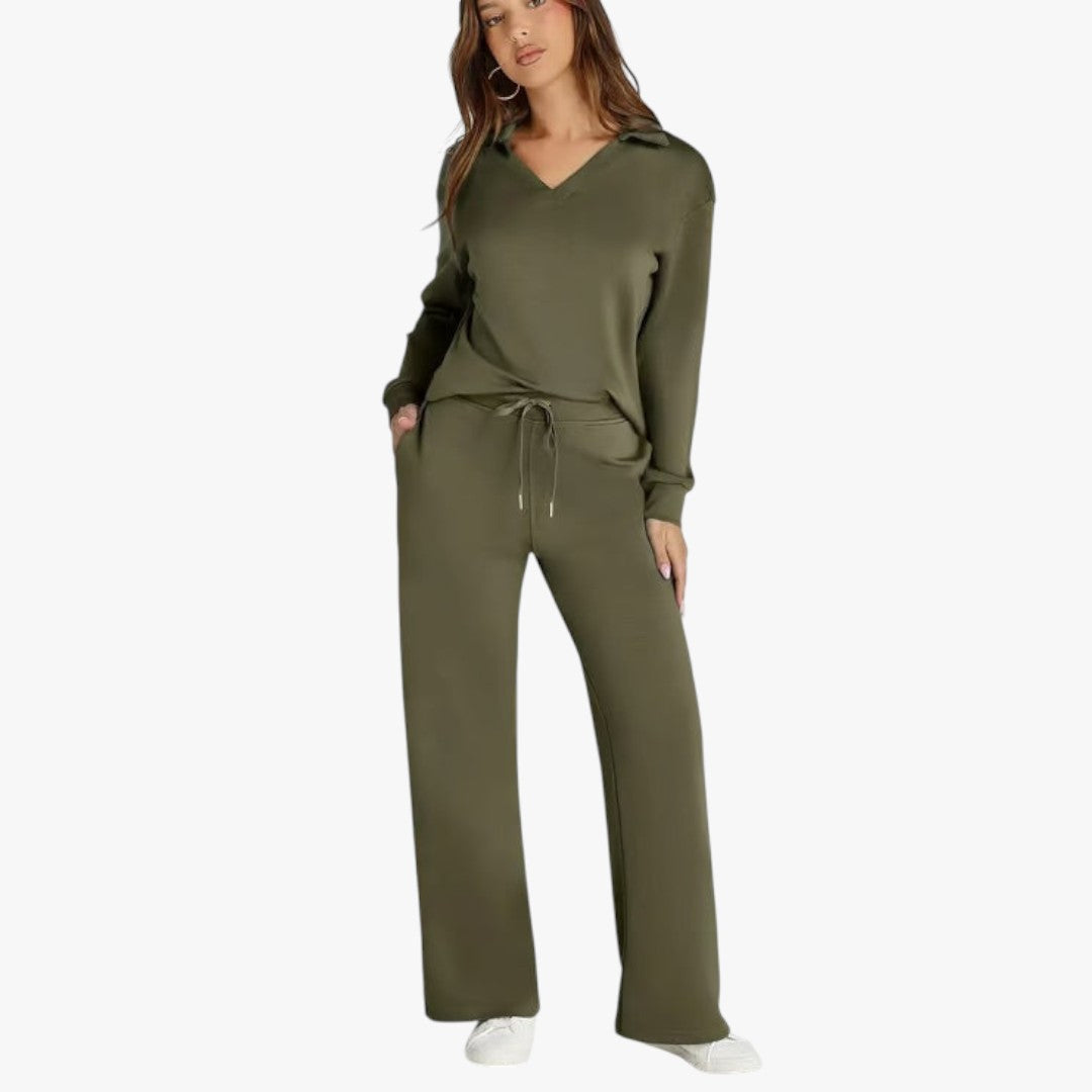 Miles & Luna 2-Piece Set V-Neck Sweatshirt and Elastic Waist Wide-Leg Trousers for Women