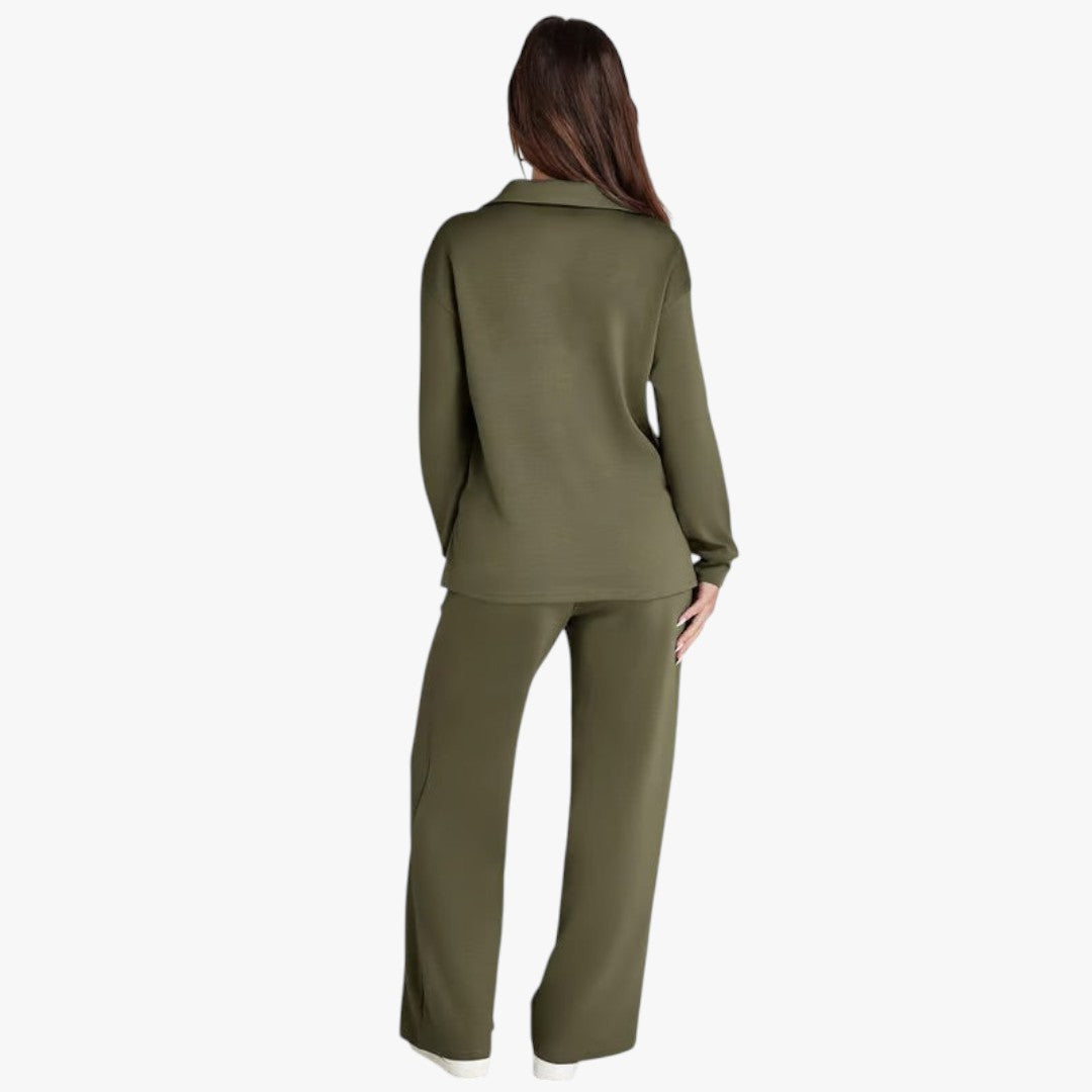 Miles & Luna 2-Piece Set V-Neck Sweatshirt and Elastic Waist Wide-Leg Trousers for Women