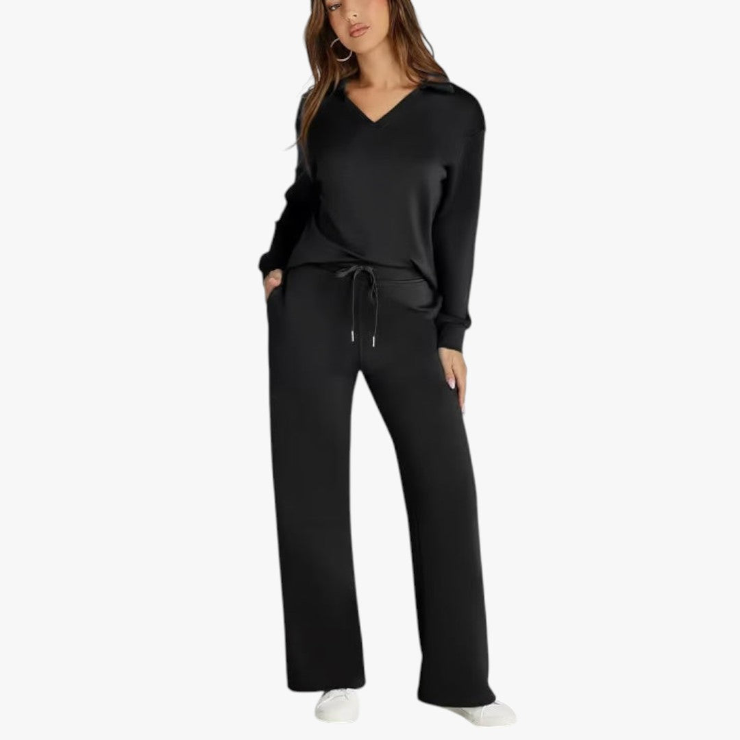 Miles & Luna 2-Piece Set V-Neck Sweatshirt and Elastic Waist Wide-Leg Trousers for Women